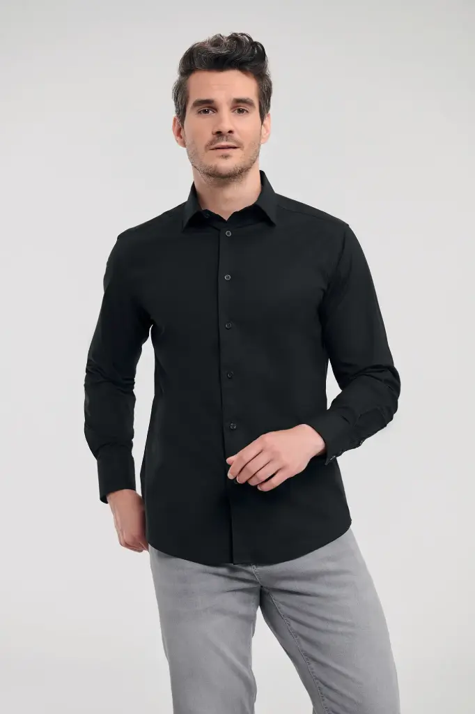 Chemise fittée homme manches longues (S, Noir)